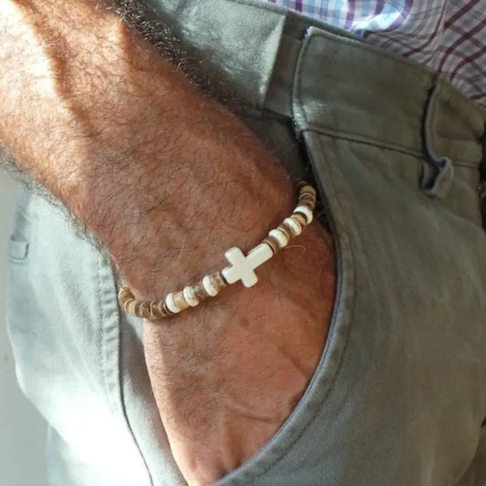Cross Coconut Bead Bracelet, Mens Bracelet Mens Gift Mens Beaded Bracelet - Sold by Blessing Heart