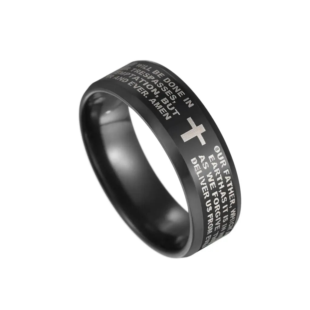 Black Titanium Steel Cross Ring | English Letter Lord’s