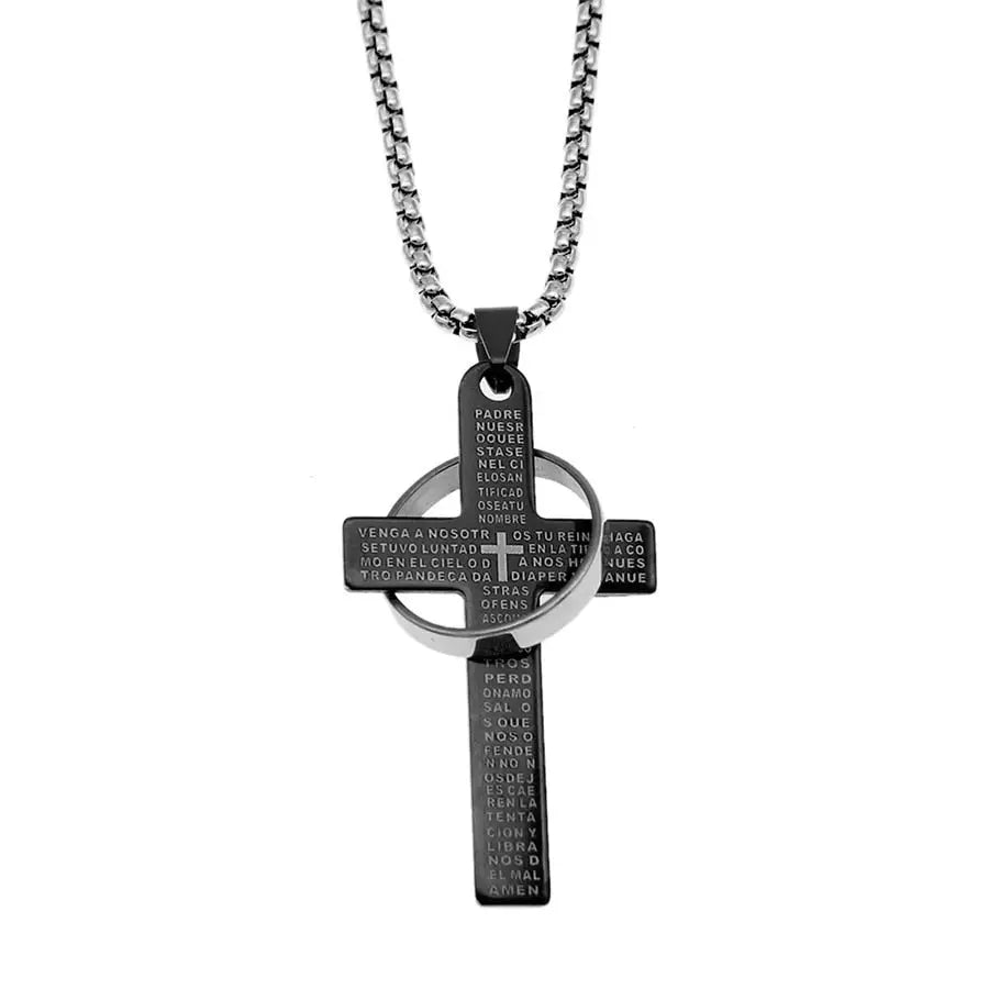 Lord's Prayer Cross Necklace with Ring Pendant | Spanish Bible Verse Cross Pendant Necklace | Mens Cross Necklace