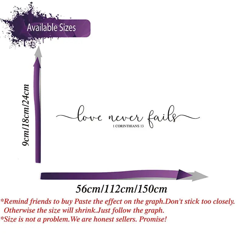 Love Never Fails Bedroom Living Room Vinyl Scripture Wall