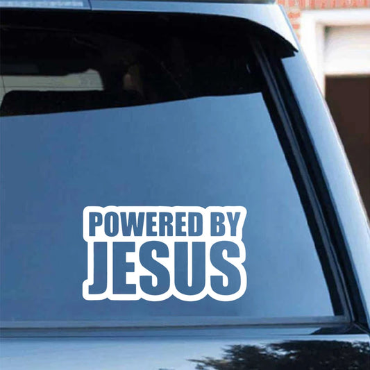 a sticker that says powered by jesus