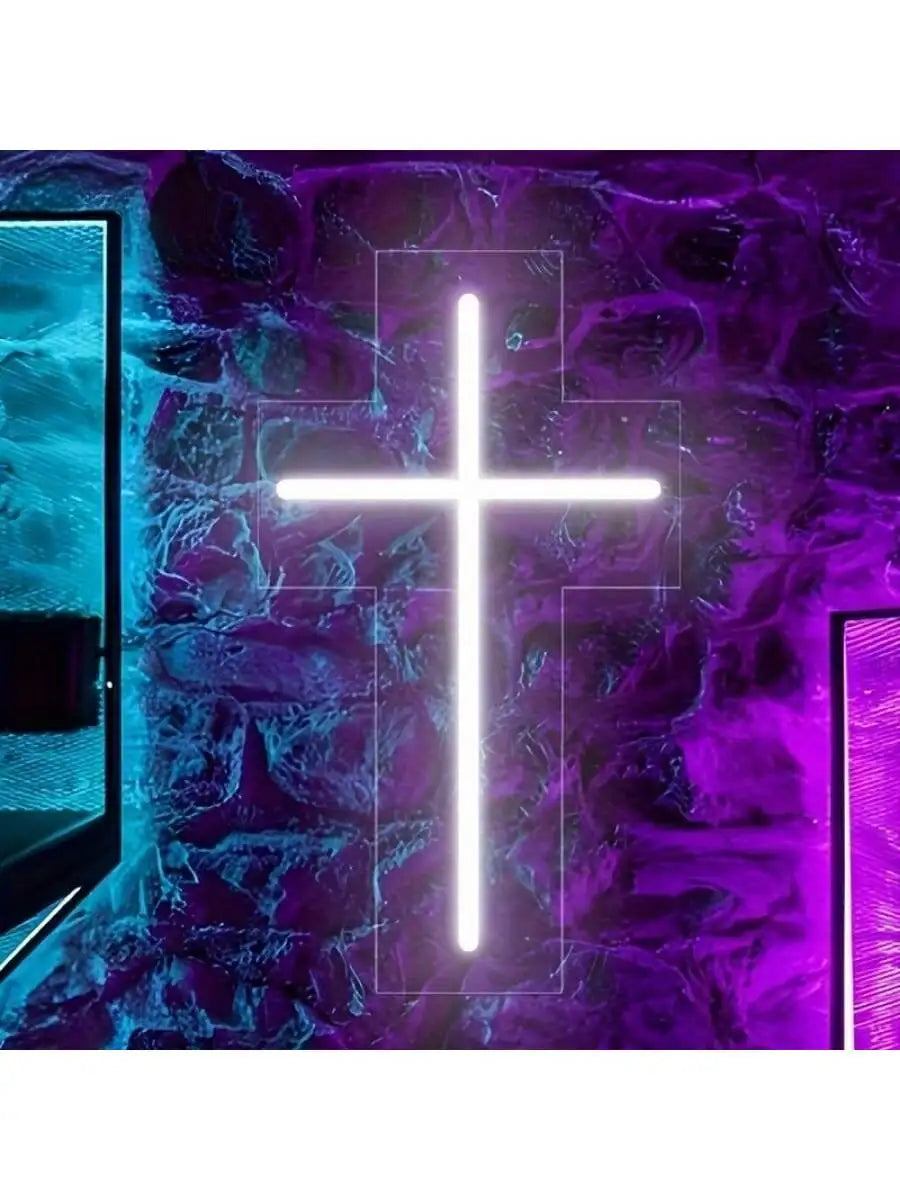 a cross on a purple and blue wall