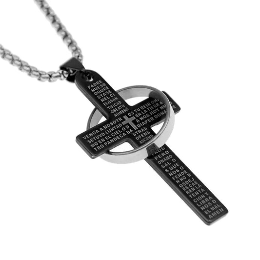 Lord's Prayer Cross Necklace with Ring Pendant | Spanish Bible Verse Cross Pendant Necklace | Mens Cross Necklace